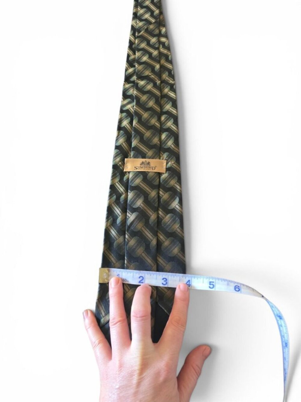 Stafford Executive Silk Tie Black Green Brown Geometric Satin Woven Classic USA - Picture 12 of 13